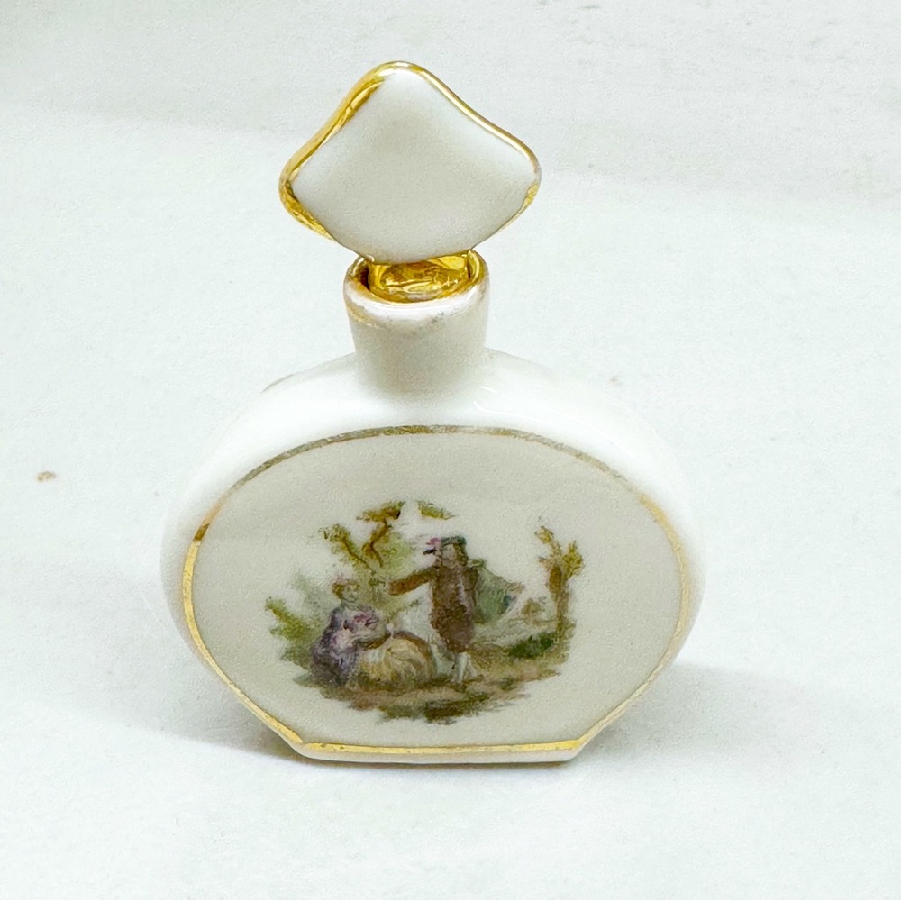 Vintage Germany Gold Tone Painted Porcelain Couple Empty Perfume Bottle - Picture 1 of 8